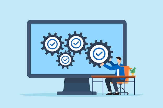 Vector flat illustration of remote worker assembling checklist gears inside virtual machine on desktop screen to represent task automation and workflow optimization