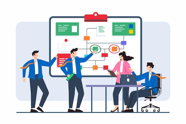 Vector flat illustration of team members addressing issues with strategic problemsolving on whiteboard