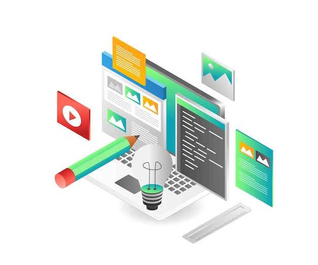 Vector flat isometric illustration concept creative layout data portfolio and programmer