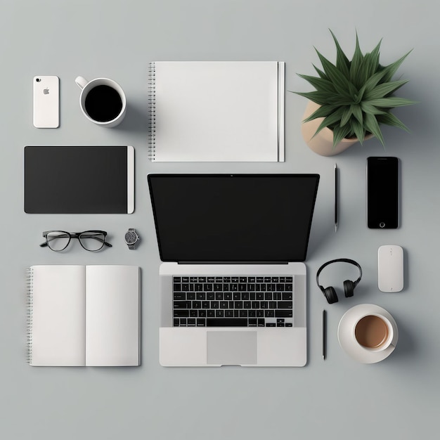 Vector flat lay composition of modern office workplace on grey background workspace with laptop coff