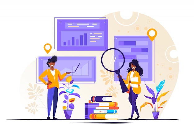 Vector flat mini persons concept with diagram analyze process.