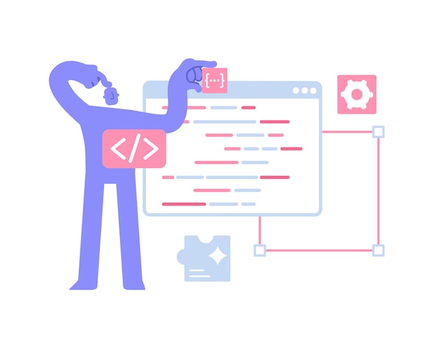 Vector flat modern character looking for an error in software or program web and application development