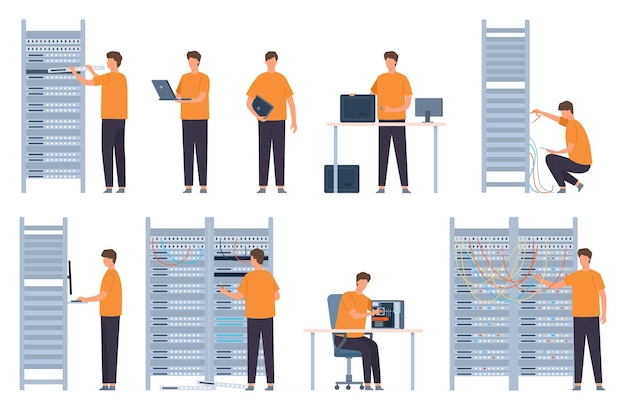 Vector flat server and computer repairman, technicians and system administrators. data servers network maintenance and support workers vector set