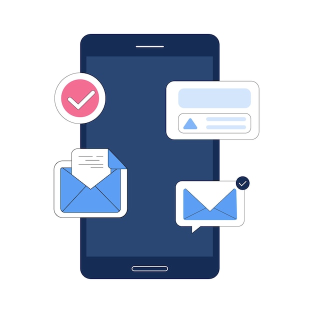 Vector flat smartphone with mail message notification and text box on phone screen vector illustration