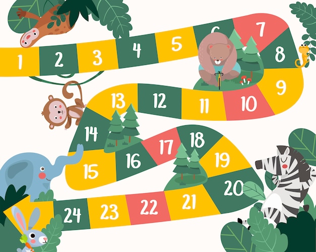 Vector flat style illustration of kids animals board game.