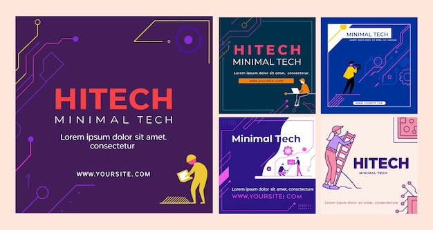 Vector flat tech themed instagram post collection for modern brands