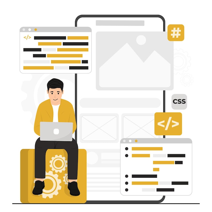 Flat vector app development concept with programming coding
