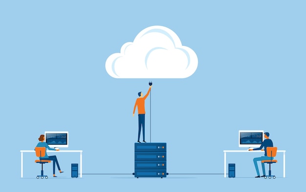 Vector flat vector business technology storage and cloud connect concept with administrator and developer t