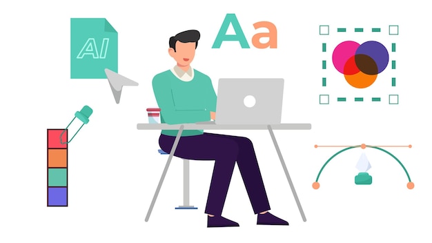 Vector flat vector illustration of graphic designer working on computer with pen tool color picker