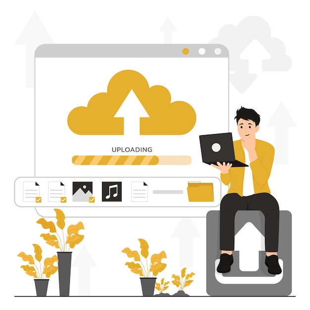 Vector flat vector upload data paper music into cloud storage content manager upload data
