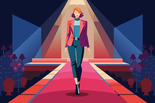 Vector flatstyle vector of model on runway with stylish clothing