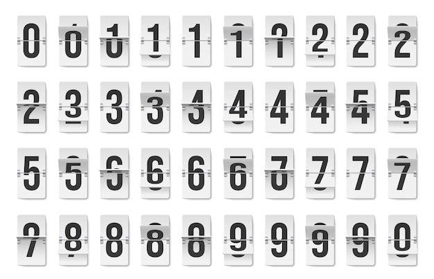 Vector flip clock number set board with numeral dial old outdated mechanical countdown scoreboard with numeric counter animation vector collection