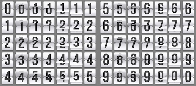 Vector flip clock numbers. retro countdown animation, mechanical scoreboard number and numeric counter flips  set