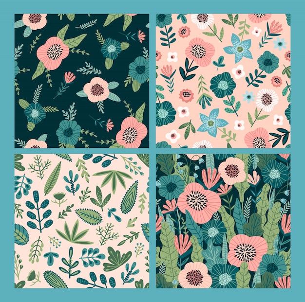 Vector floral abstract seamless patterns.