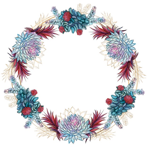 Vector flower wreath of succulents festive frame 