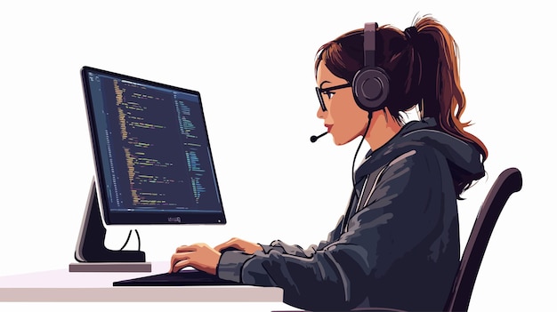 Vector focused female computer programmer working with wires