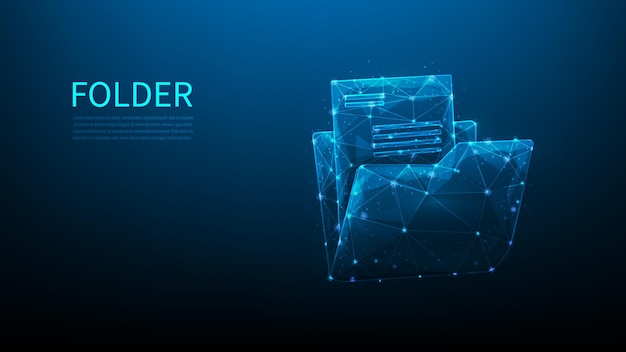 Vector folder digital technology low poly wireframe. open file folder document digital database symbol.