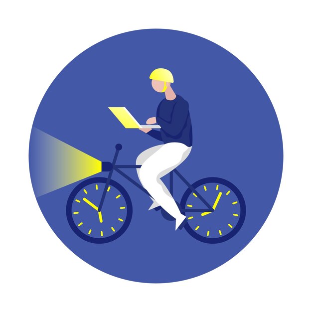 freelance developer rides a bicycle and work on a laptop color vector illustration