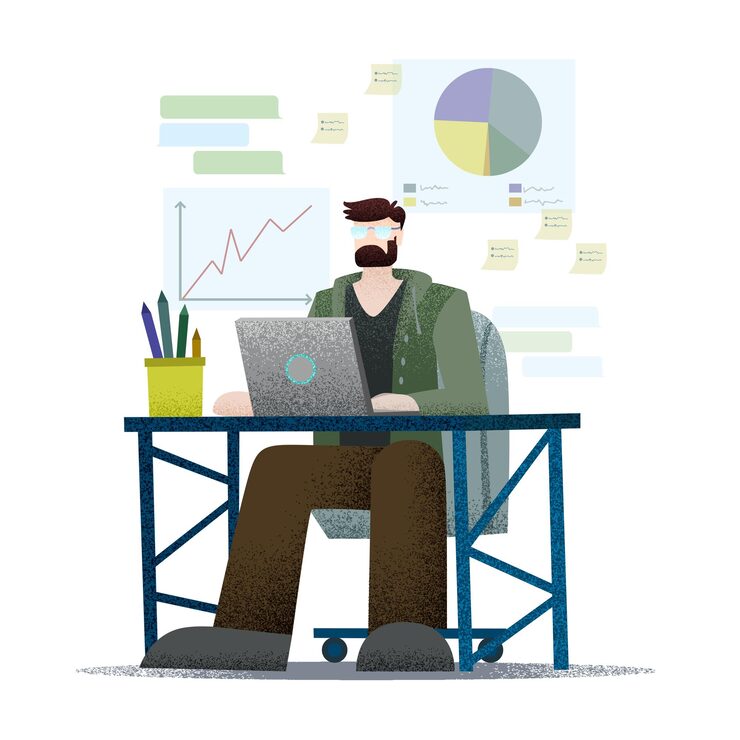 Freelancer working at computer profession illustration flat design vector particles grain effect