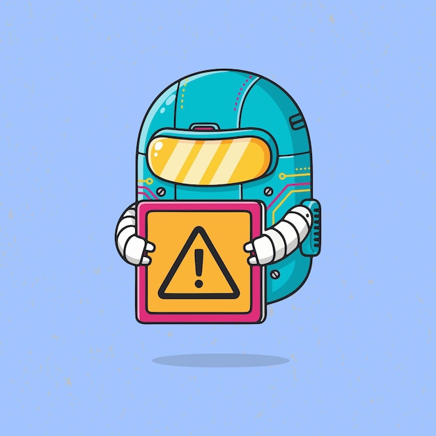 Vector friendly robot character holding a warning sign