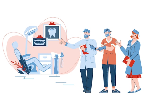 Vector friendly smiling dentists team showing dental office cartoon vector illustration isolated