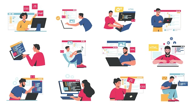 Vector front end and back end development abstract characters working on responsive web design website app interface programmers coding and creating software for pc vector set