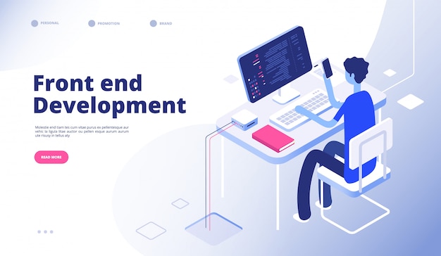 Vector front end development. developer programmer person develop computer phone website interface dashboard futuristic landing  page