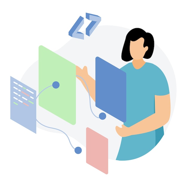 Vector front end web development illustrator working on html css code on a desktop atmosphere is focused