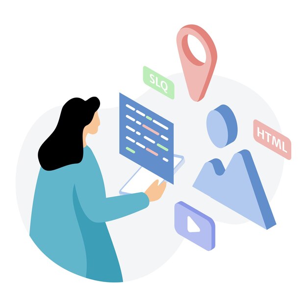 Vector front end web development illustrator working on html css code on a desktop atmosphere is focused