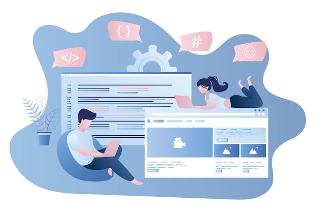 Vector frontend and backend development coder and programmer with laptops at work web design studio vector
