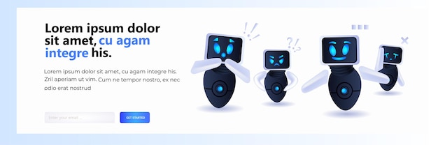 Vector frustrated robots cyborg with exclamation marks help support service faq problem artificial intelligence