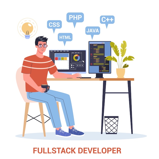 Vector   of a full stack developer working on computer. it professional programmer coding, website creation process. computer technology.   
