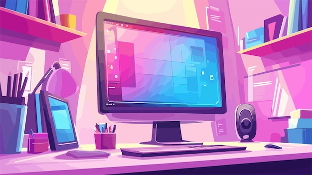 Vector fun cartoon computer screen wide angle centered technology design concept