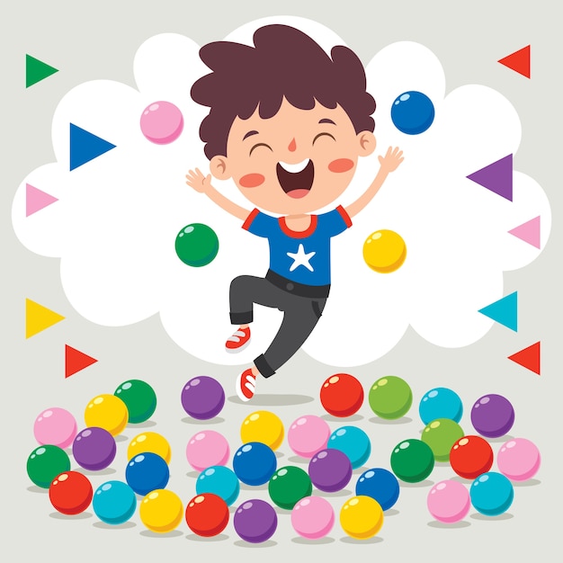 Vector funny kid playing with colorful balls