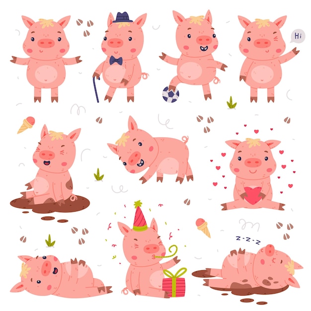 Vector funny pink pig character engaged in different activity vector set
