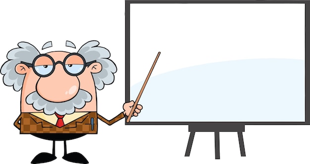 Vector funny professor with pointer presenting on a board