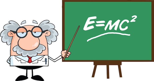 Vector funny scientist or professor with pointer presenting einstein formula