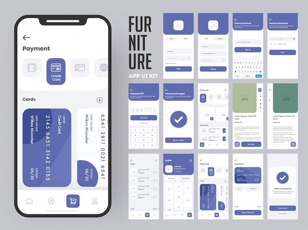 Vector furniture app ui kit for responsive mobile app or website with multiple screens as log in, create account, profile, order and payment.
