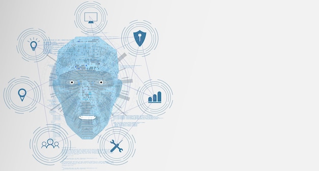 future of artificial intelligence ai human face with ai text made by digital circuit on blue