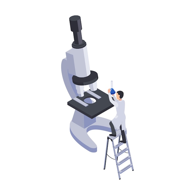 Vector future technology isometric icon with microscope and tiny character holding laboratory flask