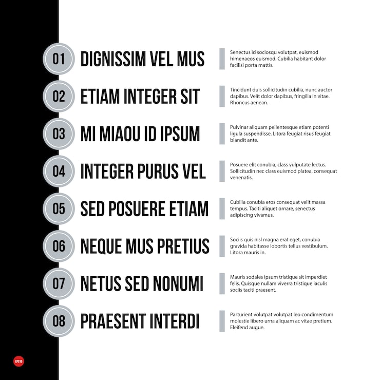 Vector futuristic corporate menu/list template on white background. useful for presentations, advertising or web design.