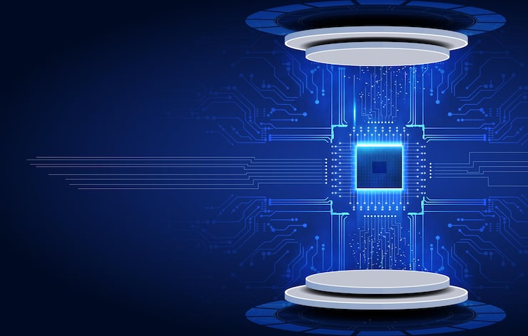 Futuristic microchip processor with lights on the blue background Quantum computer large data proc
