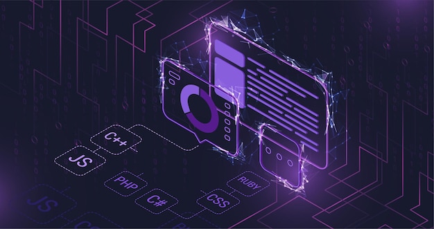 Vector futuristic programming concept with holographic interface and coding languages javascript