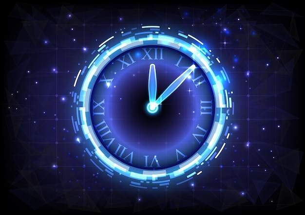 Vector futuristic scifi glowing hud clock abstract time machine and polygon hitech background data computer of headup display interface virtual reality technology timer deadline concept