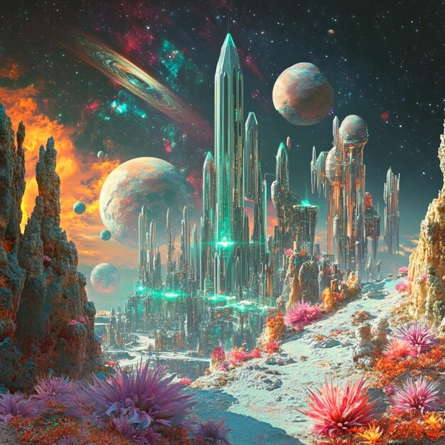 Vector futuristic space colony on a distant planet