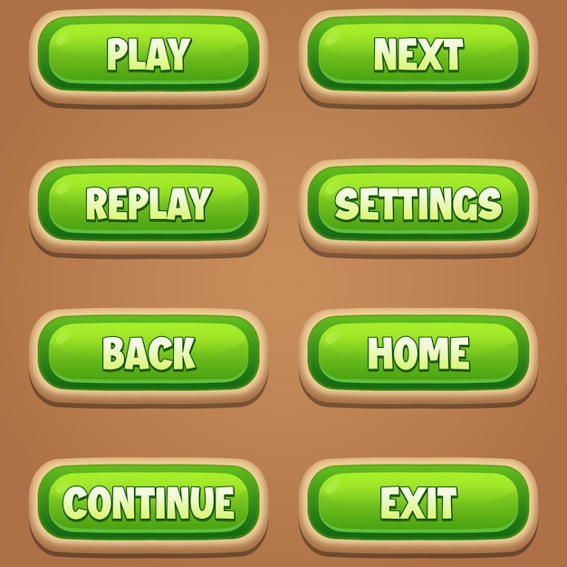 Vector game button template with editable text effect. game ui button kit in cartoon style. vector buttons.