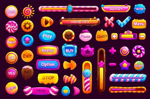 Vector game candy interface buttons and window frame and loading bar slider menu options panel ui and gui elements isolated vector 2d user menu design elements set glossy lollipops toffee and bonbons