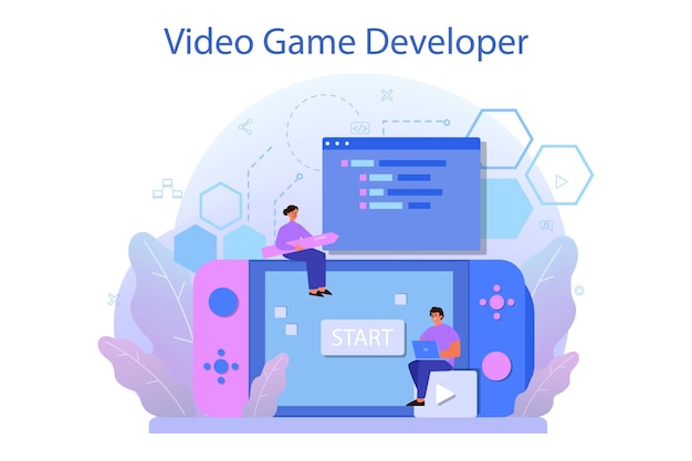 game development concept. creative process of a computer video game design. digital technology, programming and codding.