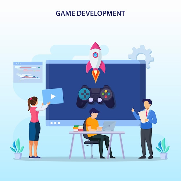 Vector game development concept game design digital technology programming and codding