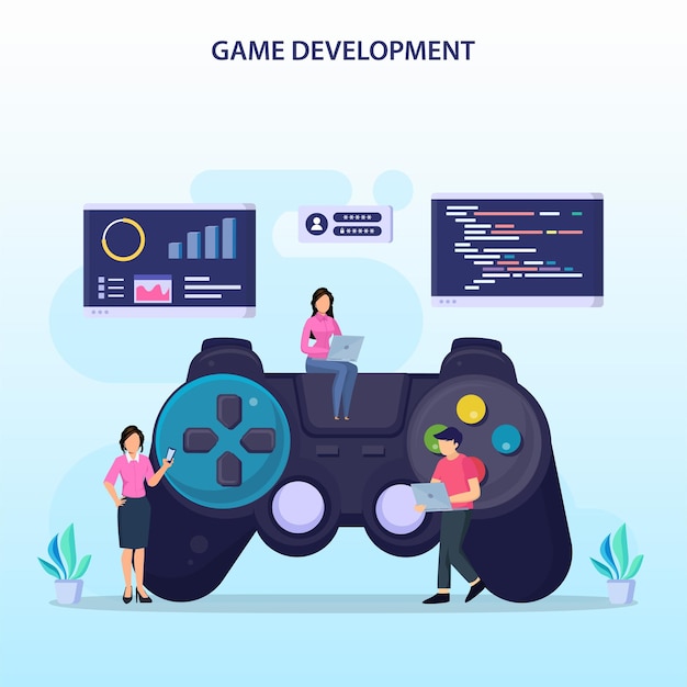 Vector game development concept game design digital technology programming and codding